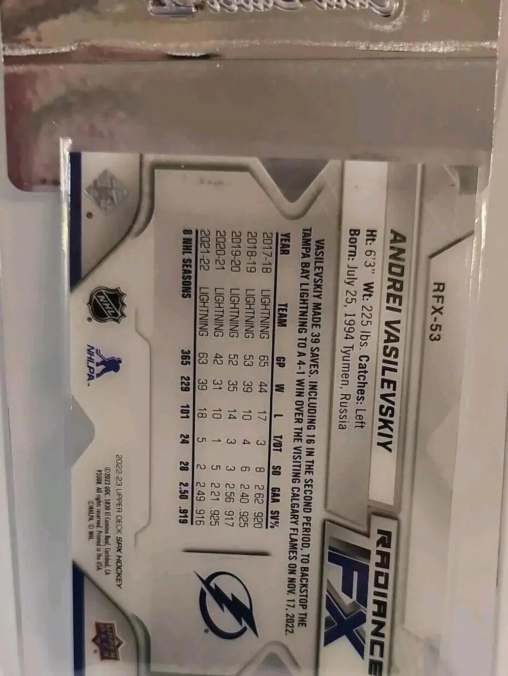 2022-23 SPx Radiance FX Andrei Vasilevskiy #RFV 57 Hockey Card - LE 415/549